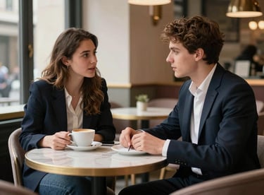 Two students practicing conversation in a stylish, professional cafe setting, European / French attire and atmosphere.