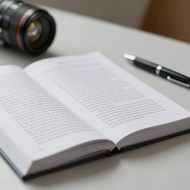 Close-up of a French language textbook and a pen on a minimalist light gray desk, soft focused background.