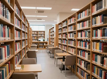 A bright and airy student library with shelves of books and comfortable seating, modern and inspiring environment.