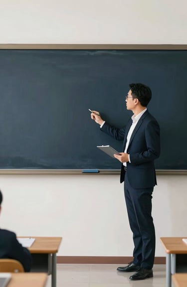 A professional teacher using a digital interactive board in a clean, minimalist classroom, dark blue and off-white tones.