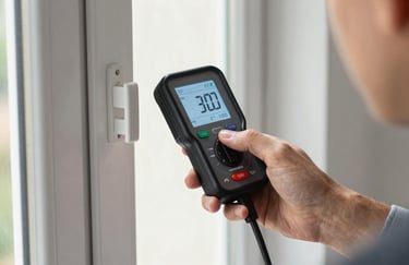 A meticulous close-up of a moisture meter being used on a window frame in a brightly lit, sophisticated interior. The style is clean and focused on detail.