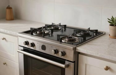 Photography of a brand new induction cooktop and oven being fitted into a contemporary Southern European / Spanish kitchen. Soft natural lighting, professional finish.