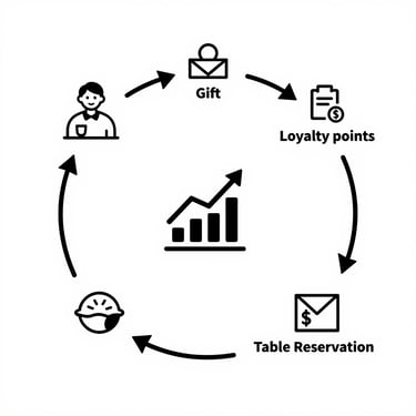 Customer loyalty program cycle diagram showing gifts, points, and table reservations for business growth.