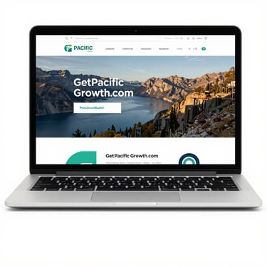 Laptop displaying the Pacific Growth business website with a scenic mountain lake background.