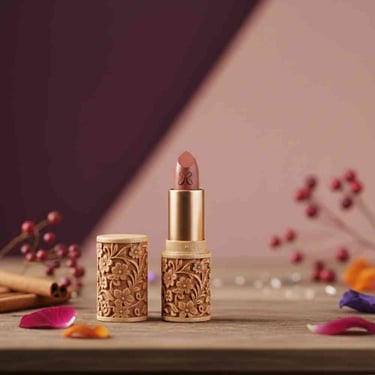 Labial de maquillaje artesanal Raiza en tono nude, con envase de madera sustentable tallado a mano con flores