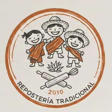 Logotipo vintage de Repostería Tradicional con tres figuras caricaturescas, un rodillo y un batidor