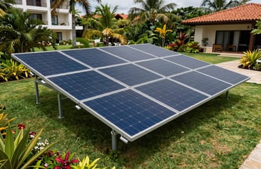 Modern solar panels installed in a beautiful Brazilian hotel resort garden, blending technology with tropical landscaping.