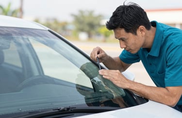 A professional technician wearing a teal blue shirt carefully inspecting a car windshield in a bright North American outdoor setting. The composition is clean and focused, reflecting a commitment to quality and modern service.