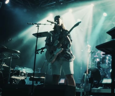 A musician performs live on stage with an electric guitar under bright concert spotlights.