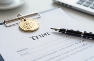 A close-up of a professional business document with a legal seal and a sleek pen, symbolizing trust and legality, with a clean office background in #EDF3F5.