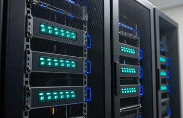 A professional close-up of a secure server room within a hospital, featuring blinking lights in Teal and Dark Blue, emphasizing high-tech security, North American context.