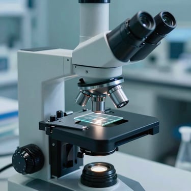 A high-tech microscope and glass slides in a clean, professional Australian research facility. Teal and light blue accents in the lighting.