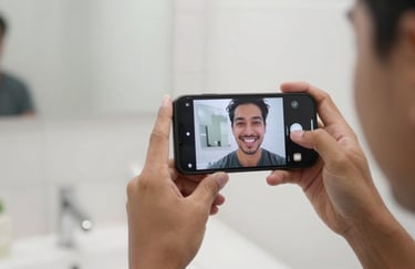 Hands holding a smartphone to take a well-lit photo of a smile. The background is a clean, white modern bathroom. Focus on the phone screen and the easy interaction, soft daylight.
