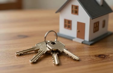 A detailed shot of a set of house keys resting on a wooden table next to a model house, lit by warm indoor lighting, symbolizing home protection and security.