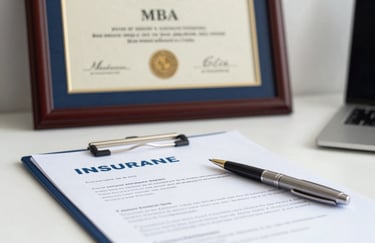 An elegant, professional workspace with an MBA diploma frame blurred in the background, focusing on a set of insurance documents and a stylish pen on a clean desk. The color palette includes #1E3F66 and silver accents.