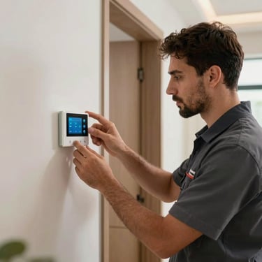 A professional technician wearing a National Tech uniform installing a smart thermostat in a modern home, Middle Eastern / Gulf interior setting.