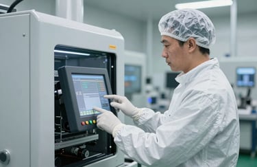 A professional engineer in a cleanroom suit and gloves operating a digital touch-screen control panel on an industrial machine in a modern factory.