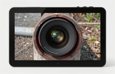 A high-resolution display showing a live camera feed from inside a chimney flue, used for professional inspections in a North American setting.