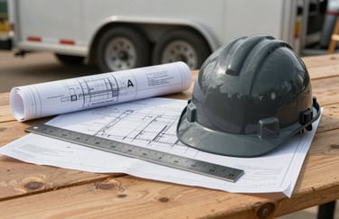 A still life photography of professional Grade-A blueprints, a Slate Grey metal ruler, and a Dark Charcoal hard hat on a wooden table in a North American / US construction trailer.