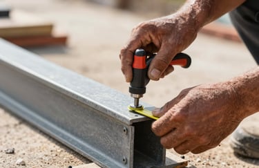 A close-up of a construction worker's hands in a North American / US job site, using a precision tool to measure a Slate Grey steel structure during a bright day.