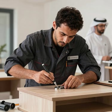 A focused shot of a skilled technician in a professional uniform using specialized tools to dismantle high-end furniture. Modern Middle Eastern / Gulf apartment background.