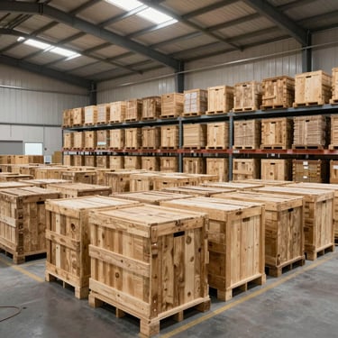 A vast, organized warehouse in the Middle Eastern / Gulf region with high ceilings. Rows of wooden storage crates are neatly stacked in a clean, high-tech environment with industrial lighting.