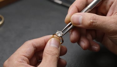A lifestyle shot of a couple examining a custom jewelry sketch next to a tray of loose gems in a sunlit, elegant atelier.