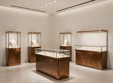 A wide shot of a serene, modern jewelry showroom featuring clean lines, off-white walls, and sophisticated bronze display cases.
