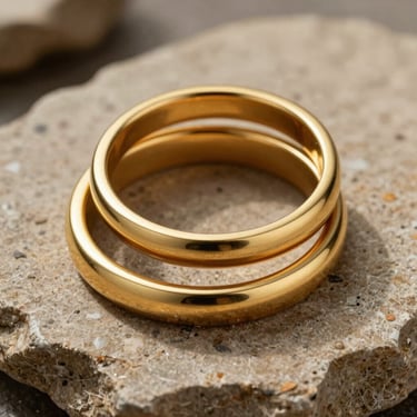 A sophisticated display of three stacking rings in various shades of gold, arranged on a piece of raw taupe-colored stone.