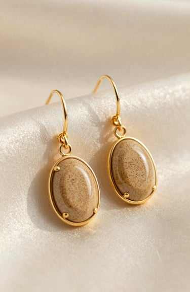 A close-up photograph of a pair of gold drop earrings with sand-colored gemstones, shot against a soft off-white silk background in warm, natural light.