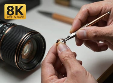 An artisan's hand carefully setting a small diamond into a bronze-toned metal band, captured in a serene, studio lighting environment.