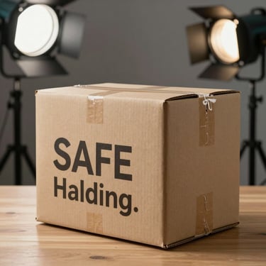 A medium-sized cardboard package placed on a clean wooden surface, shot with professional studio lighting and a shallow depth of field, emphasizing safe handling.