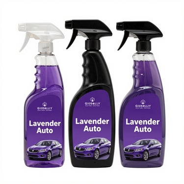 Three bottles of Lavender Auto car cleaning spray in clear and black spray bottles.