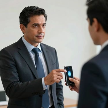 A Central American security expert in professional attire demonstrating a fingerprint access control device to a business client.