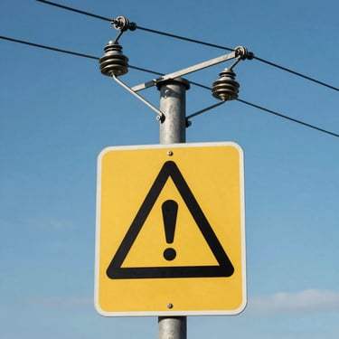 Close-up photography of a professional electric fence installation with high-tension wires and warning signs against a clear blue sky.