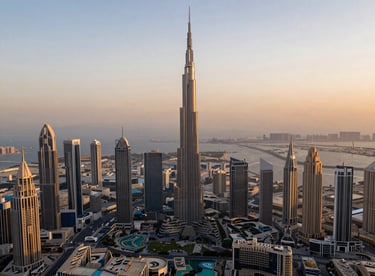 Aerial view of the Dubai financial district at golden hour, capturing the essence of a thriving and reliable economic environment.