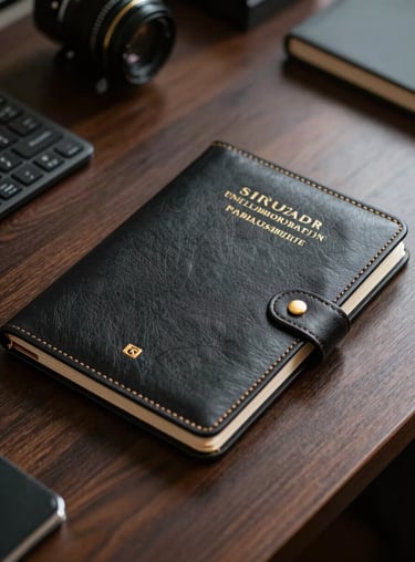 A detailed shot of a high-quality leather document folder with gold accents on a dark wood desk in a Middle Eastern / Gulf / Emirati setting.