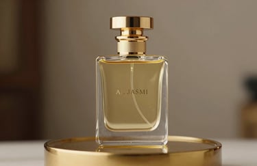 Close-up of a luxurious Al Jasmi perfume bottle on a gold-rimmed pedestal, representing Emirati excellence and high-end quality.