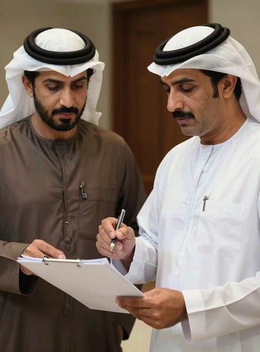 Two professionals in traditional Emirati attire reviewing a strategic plan, representing the leadership of GIGGI BLACK.