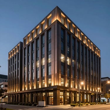 A sleek, modern corporate holding company building at night, illuminated with warm bronze lights, exuding stability and trust.