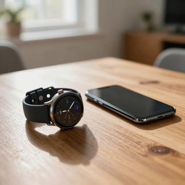 A sleek smartwatch and a smartphone resting on a wooden table, syncing data in a bright North American living room, soft natural sunlight.