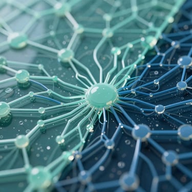 An artistic macro shot of a glass interface displaying intricate AI neural network patterns in seafoam green and steel blue, representing the digital twin creation.