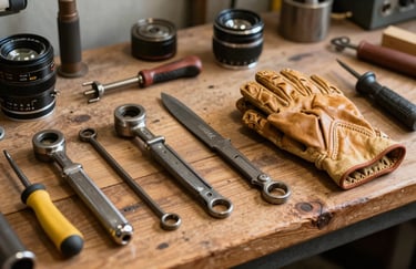 A collection of vintage automotive tools and a leather tan driving glove on a wooden bench in a North American / US restoration shop.