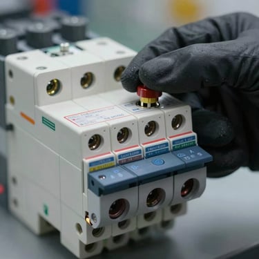 A technical photography shot of a high-quality circuit breaker switch being flipped by a gloved hand, focus on the mechanical switch and electrical labeling.