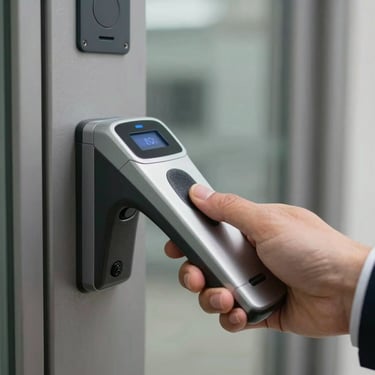 A close-up photograph of a professional's hand interacting with a modern biometric fingerprint scanner at an office entrance.