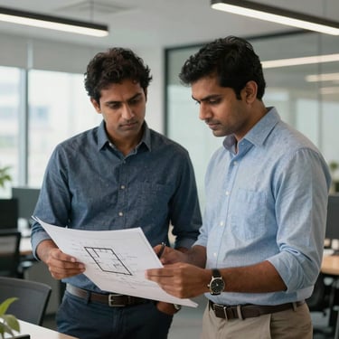Two South Asian engineers in business casual attire reviewing a technical floor plan for an ELV project in a modern, well-lit office.