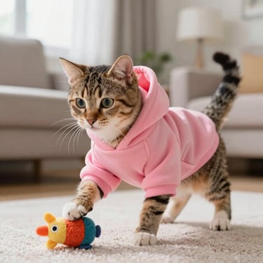 gato con sudadera rosa y juguete