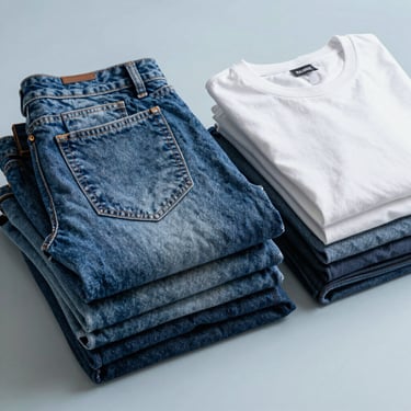 A clean, organized stack of denim jeans and cotton t-shirts on a light blue surface, crisp and professional North American / US folding style.