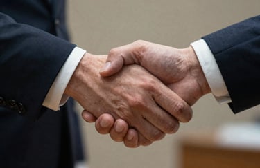 A close-up of a professional handshake in a Spanish / Iberian corporate setting, representing trust and connection.