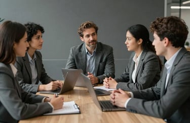 A collaborative business meeting in a Spanish / Iberian office, focusing on teamwork and professional communication, charcoal gray tones.